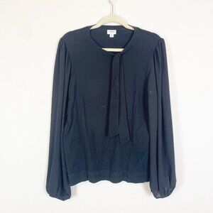 J. Crew Factory Women's XL Black Mixed Media Sweater‎ Neck Bow Tie Chiffon BC538